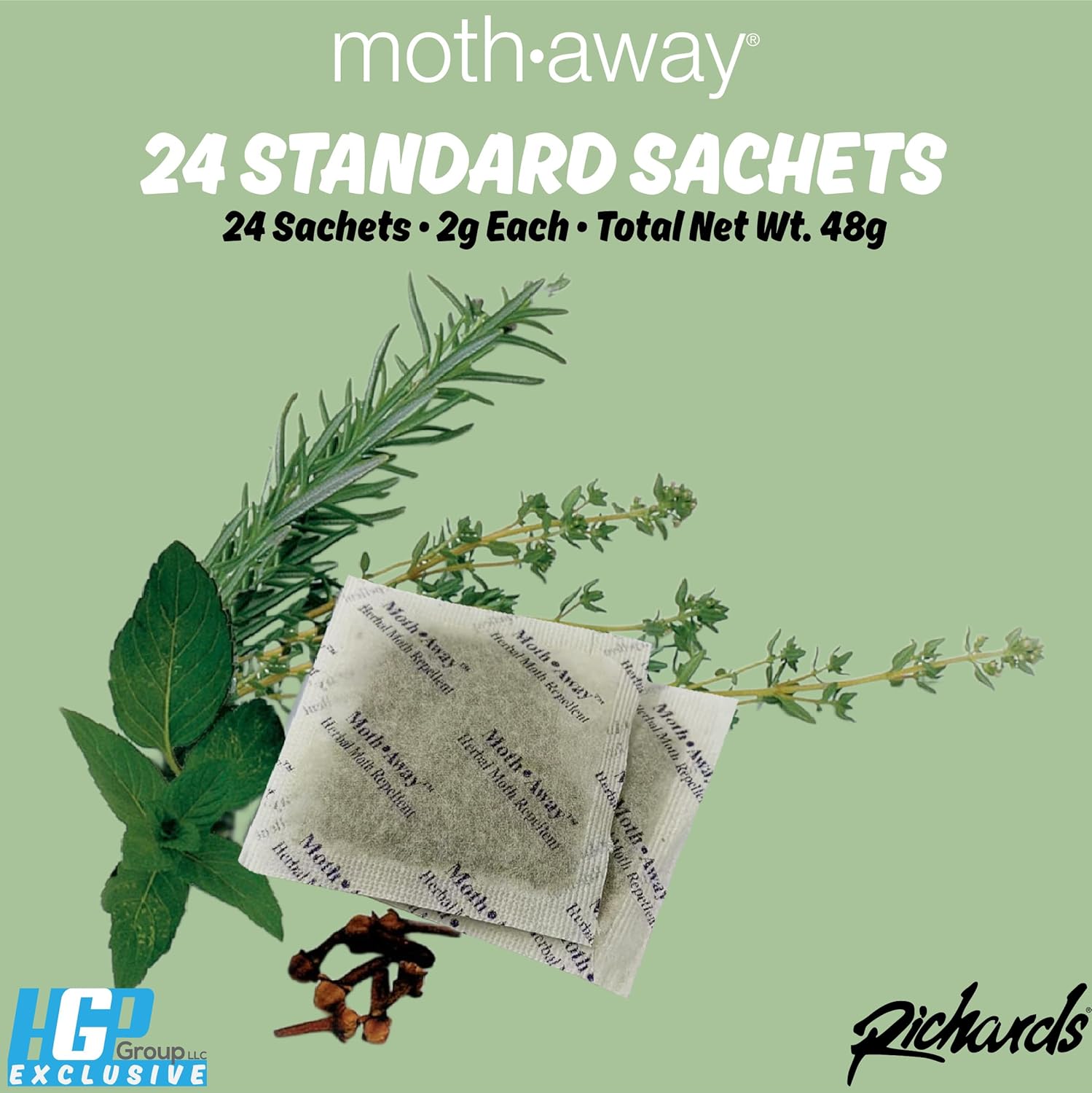 Richards Homewares Moth Away Sachets – 24-Pack Natural Herbal Moth Repellent, Non-Toxic &
