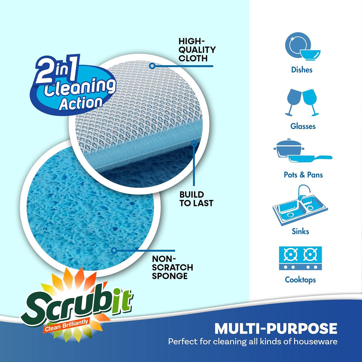 SCRUBIT - [12 Pack] Scrub and Wipe Cleaning Pads – Dual Sided Scouring Pad and Dish Sponge