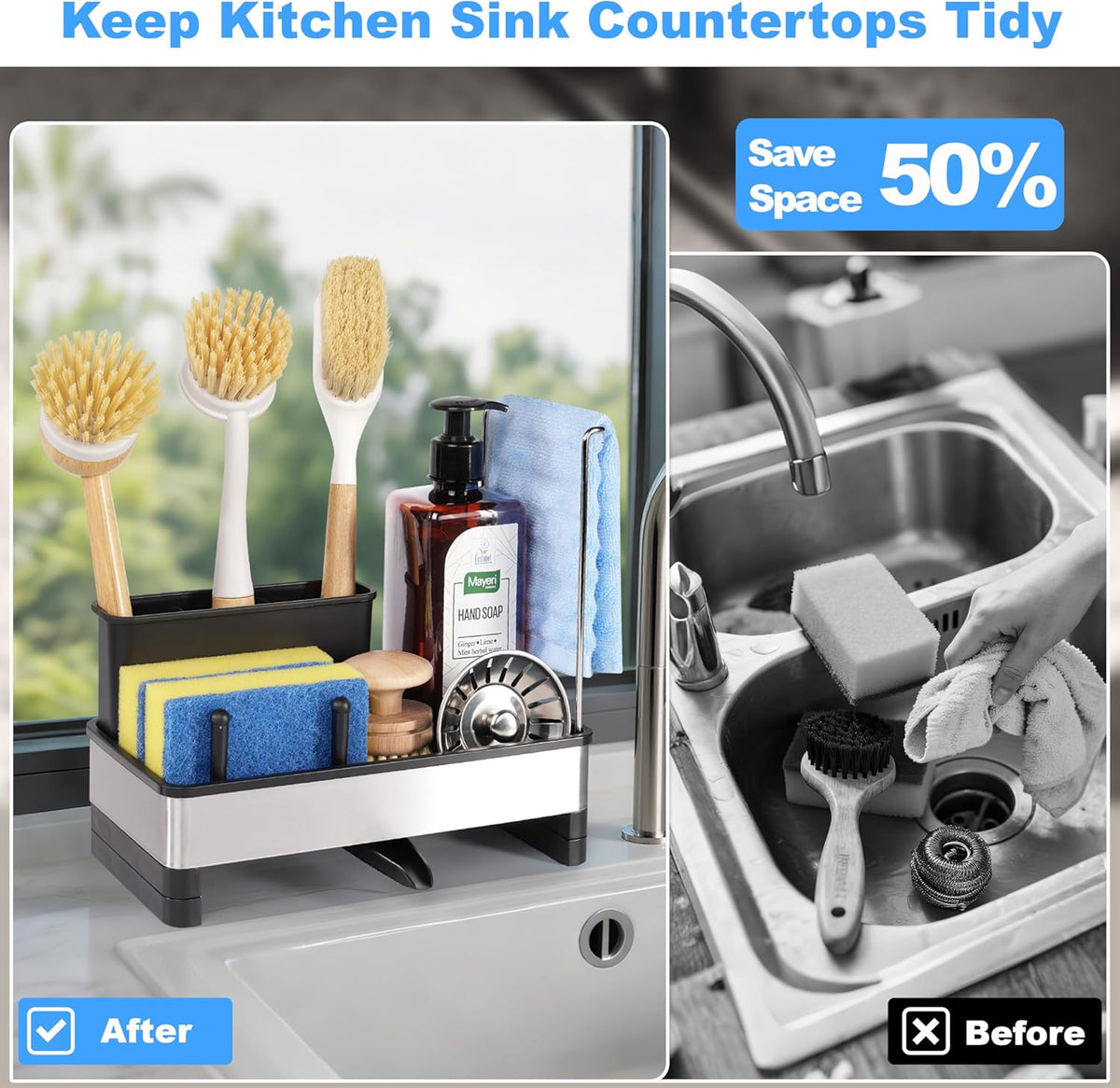 Stainless Steel Sponge Holder for Kitchen Sink Caddy Organizer Rack for Dish Brush Holder, Soap