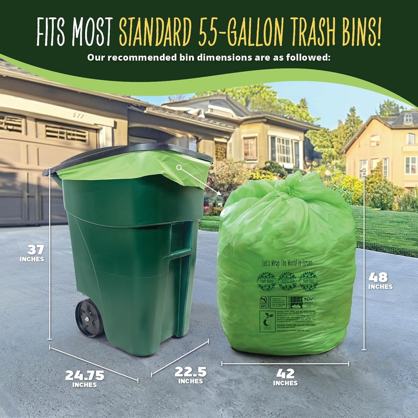 50-55 Gallon Compost Bags, Heavy Duty Compostable Trash Bags, 1.57 Mil Extra Thick Biodegradable