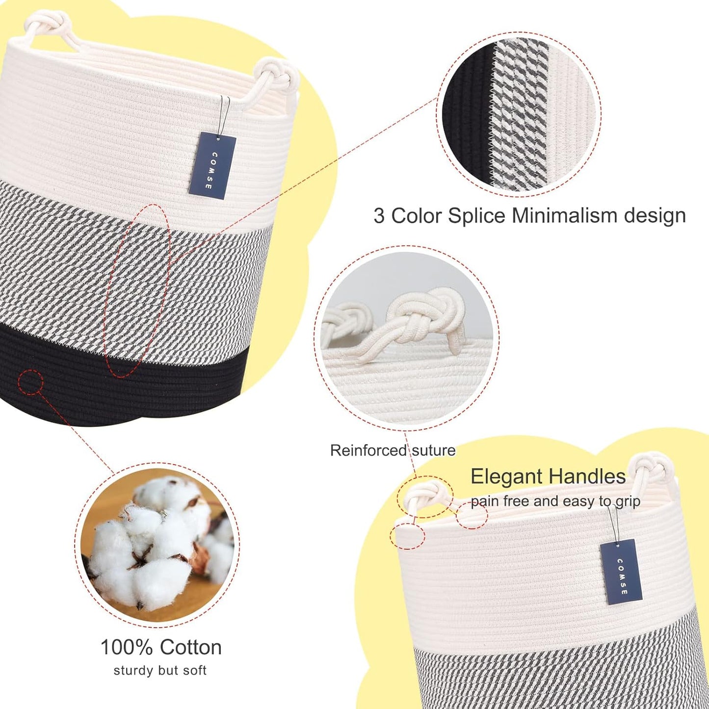 COMSE Extra Large Blanket Basket, Tall Woven Storage Basket, Nursery Hamper, 15.7”x 21.7”, Cotton