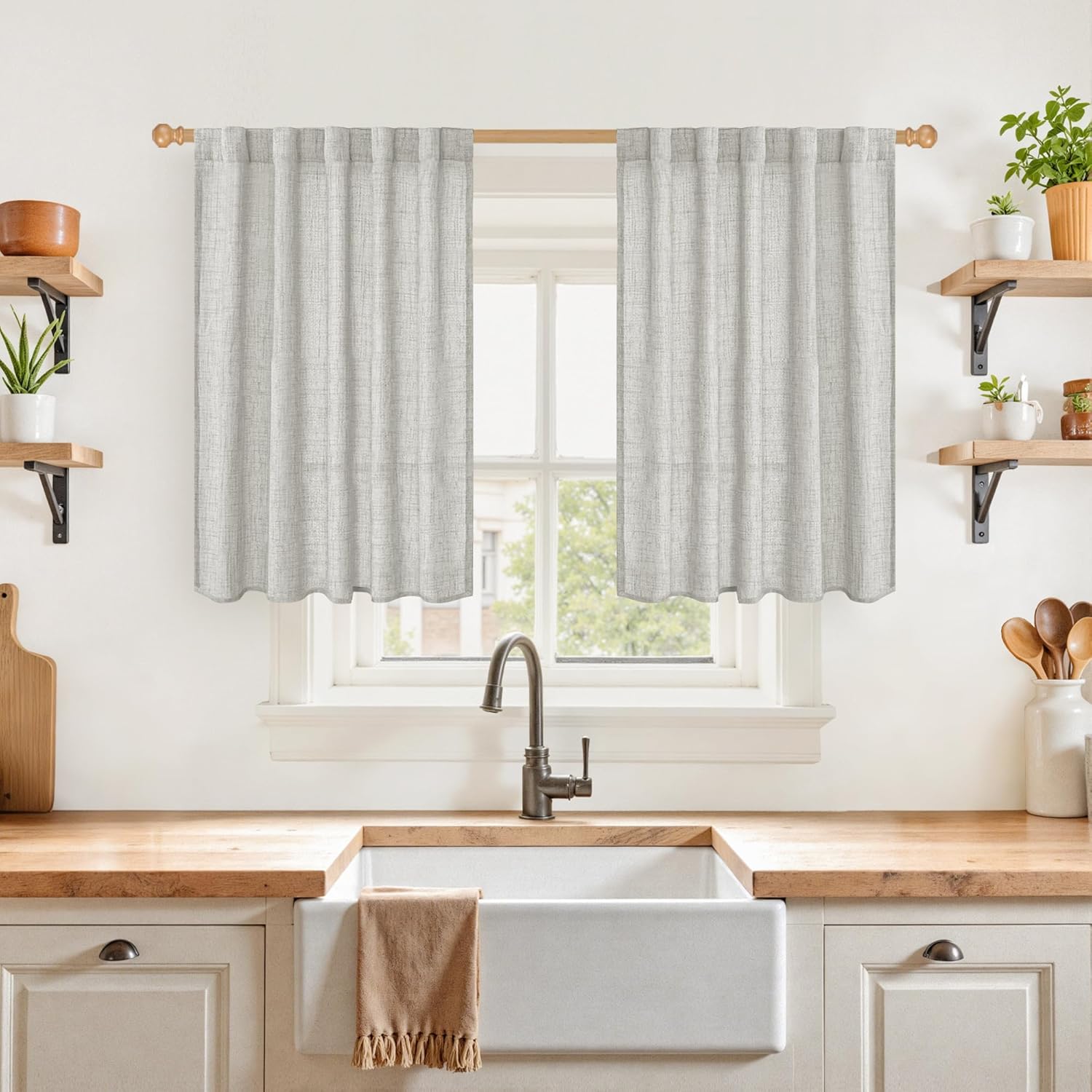 YoungsTex Light Grey Cafe Curtains 36 Inch Length for Short Window, Linen Small Drapes with Rod