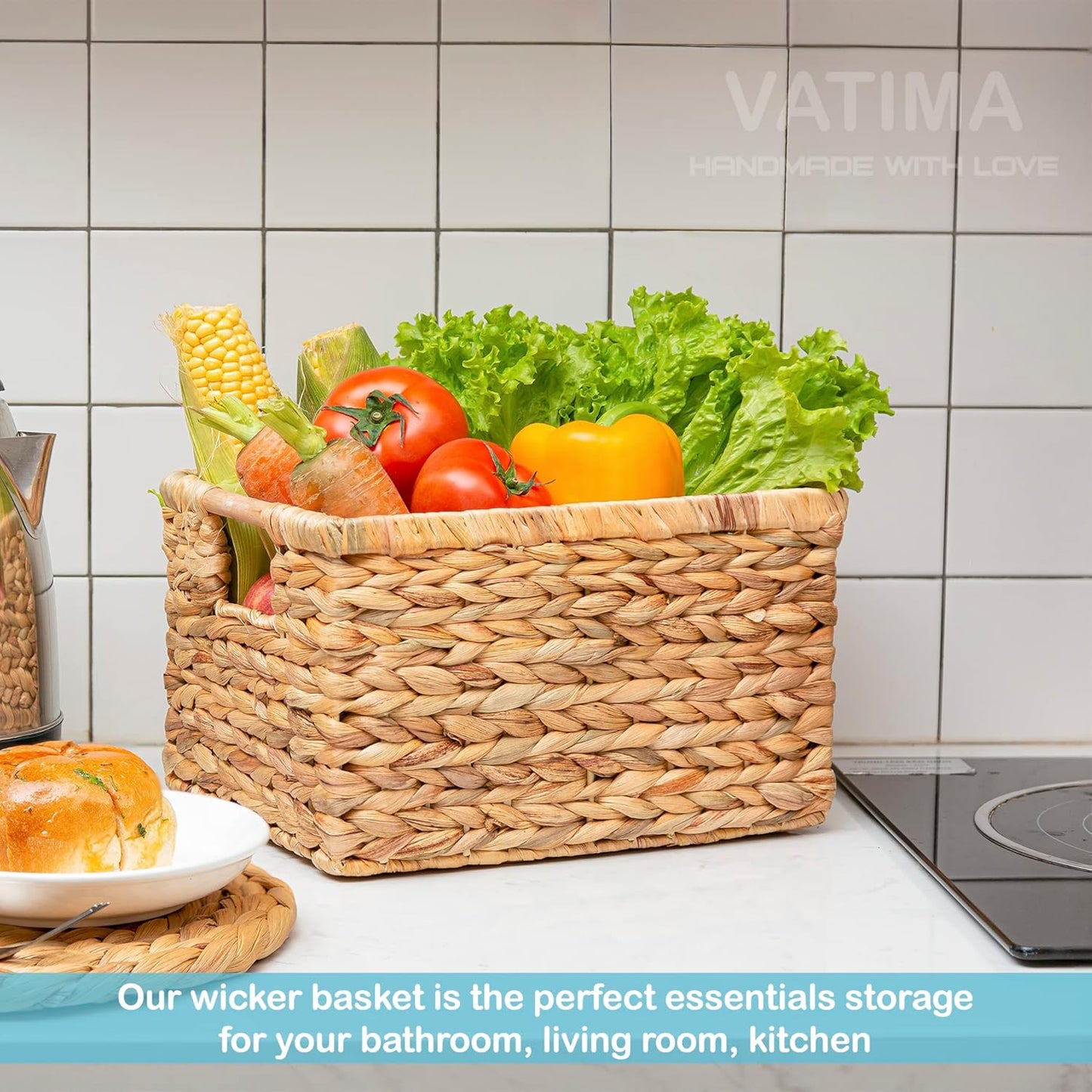 Natural Water Hyacinth storage basket with Handle, Rectangular Organizing Basket for Organizing