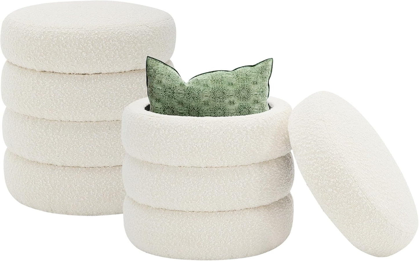 Round Ottoman with Storage Boucle Ottoman Stool with Storage Removable Lid for Living Room Modern