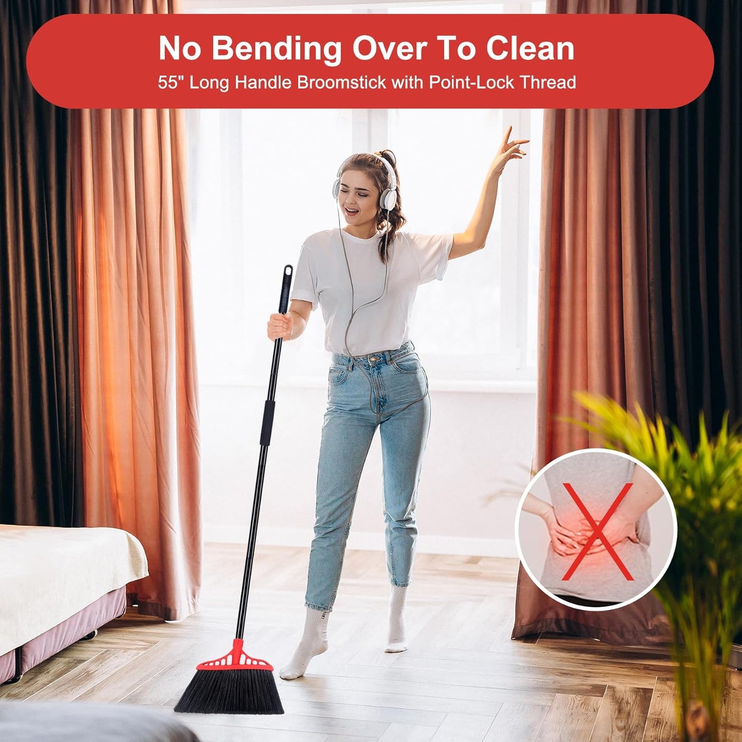 Heavy Duty Angle Broom - 55" Adjustable Iron Handle with Stiff Bristles - Commercial-Grade