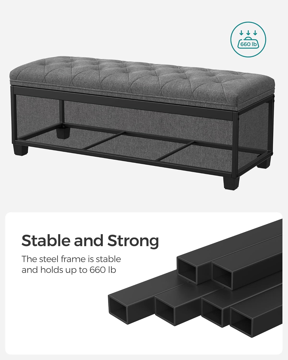 SONGMICS Storage Ottoman Bench, Foot Rest with Legs, 15.7 x 43.3 x 15.7 Inches, End of Bed Bench