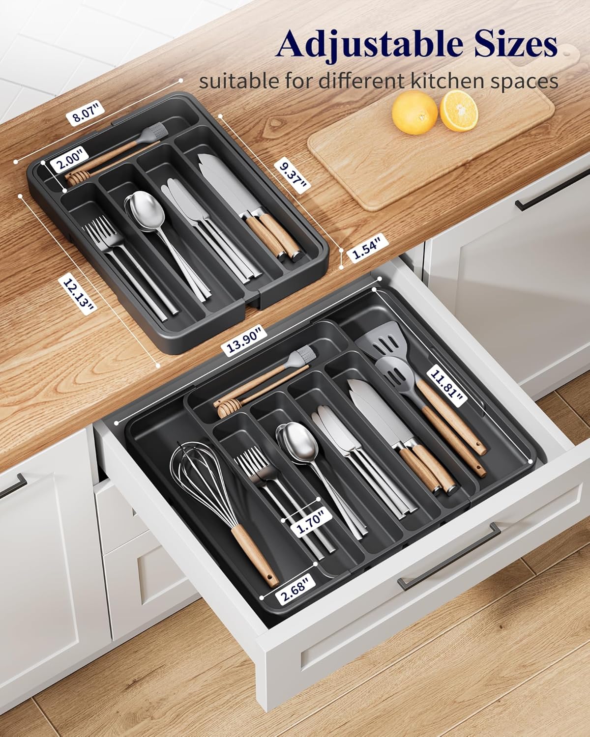 Kitsure Cutlery Drawer Organiser for Kitchen - Adjustable Cutlery Tray for Effortless Utensil