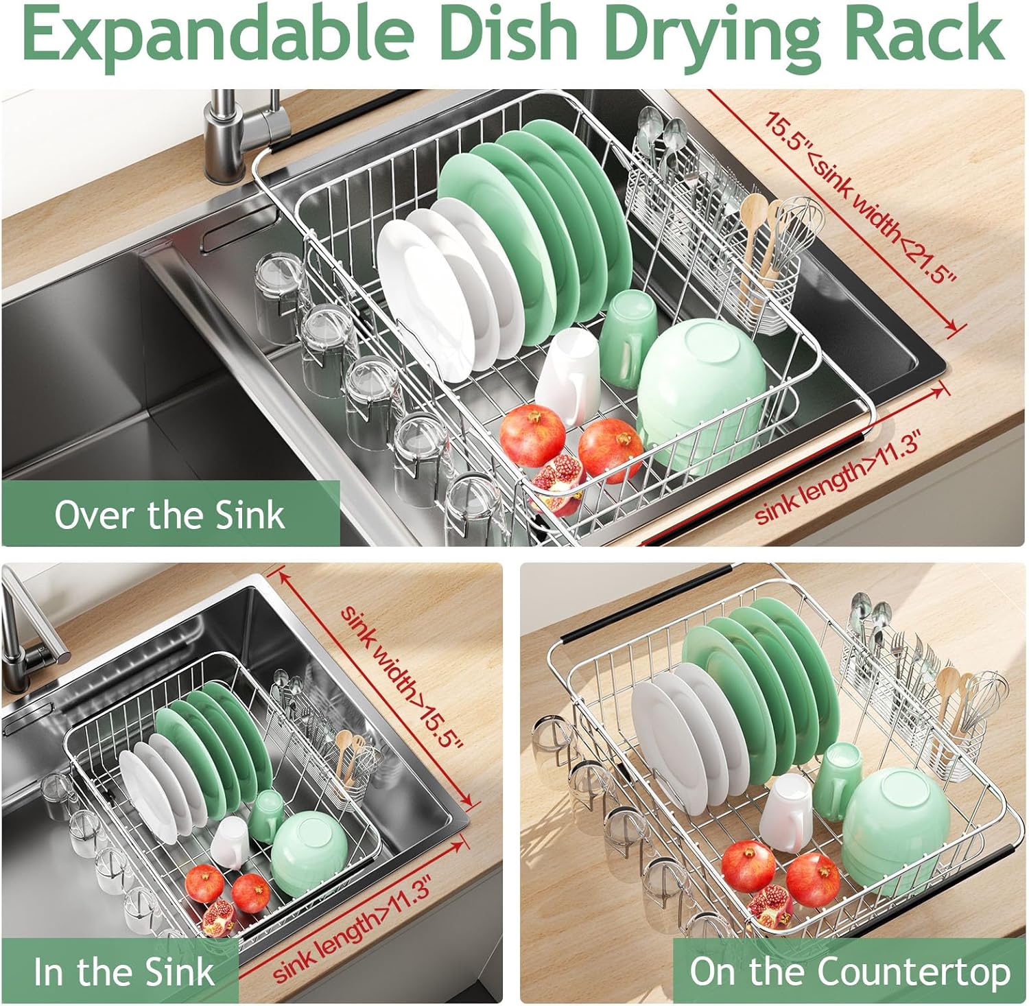 Dish Drying Rack in Sink, Extendable Stainless Steel Dish Drainers for Kitchen Counter, Anti-Rust