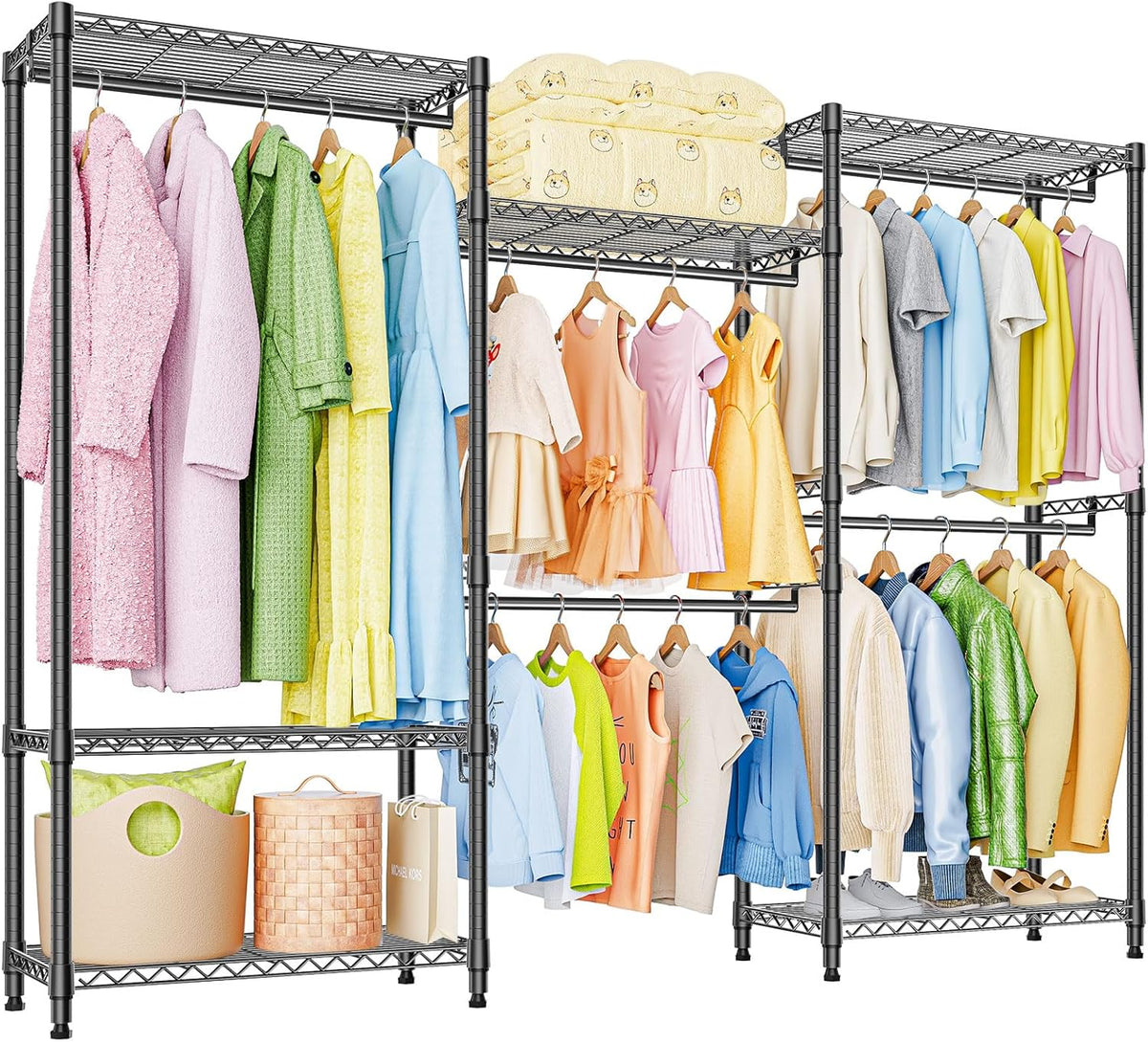 Heavy Duty Rolling Garment Rack 3 Tiers Adjustable Wire Shelving Clothes Rack with Rods Storage