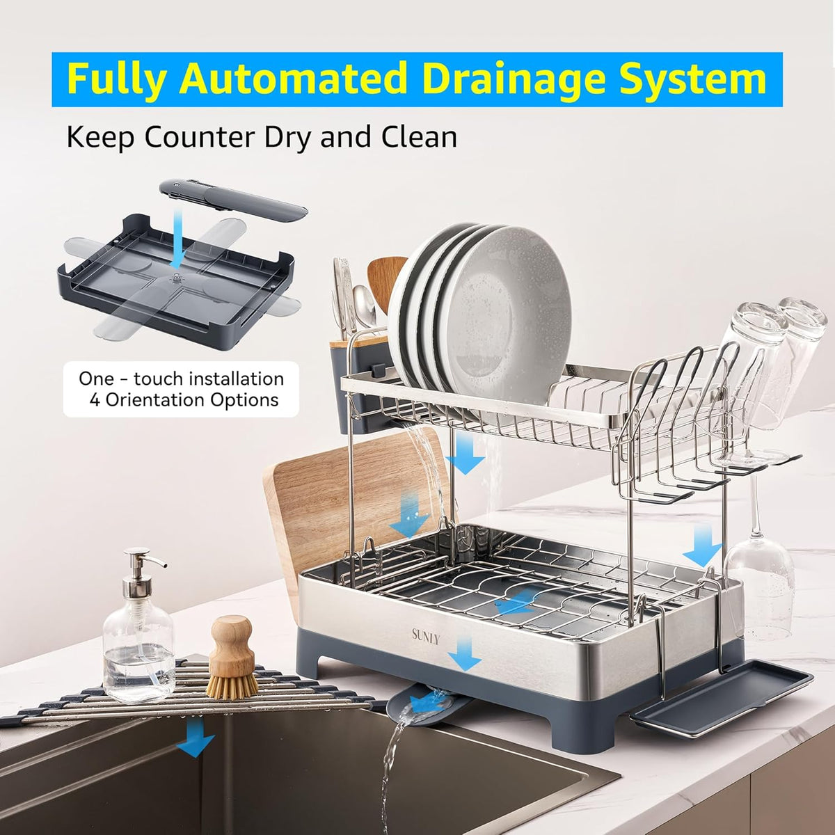 SUNLY Large Dish Drying Rack, Multipurpose 2 Tier Dish Racks for Kitchen Counter, 304 Stainless