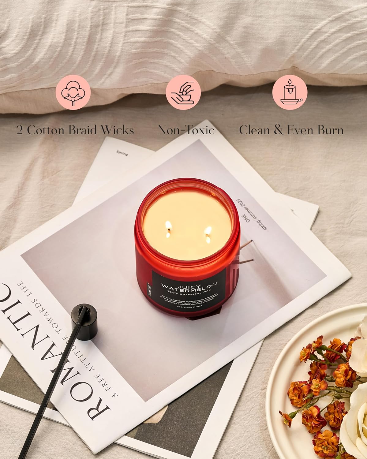 M&SENSE Juicy Watermelon Scented Candle - 11.6oz Clean Non Toxic Natural Soy Wax 70-Hour Burn Long