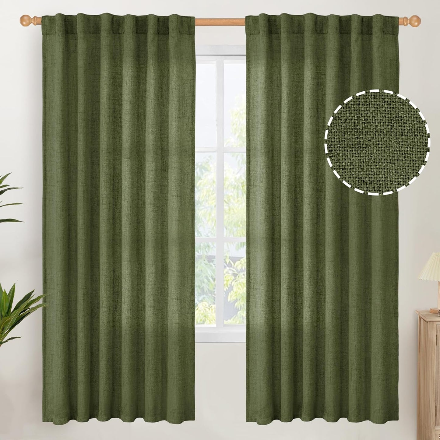 YoungsTex Olive Green Linen Semi Sheer Curtains 72 Inch Length for Living Room, Light Filtering