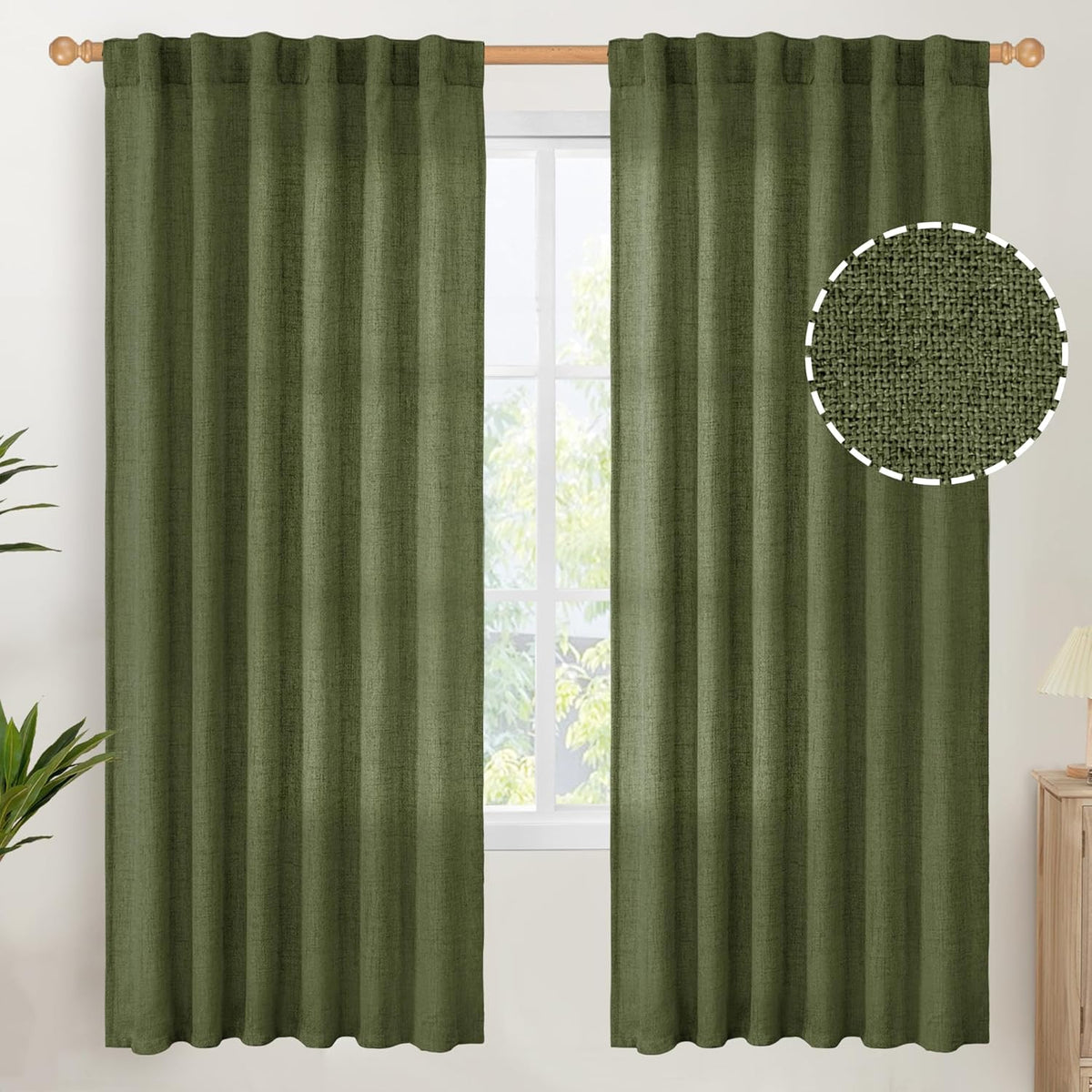 YoungsTex Olive Green Linen Semi Sheer Curtains 72 Inch Length for Living Room, Light Filtering