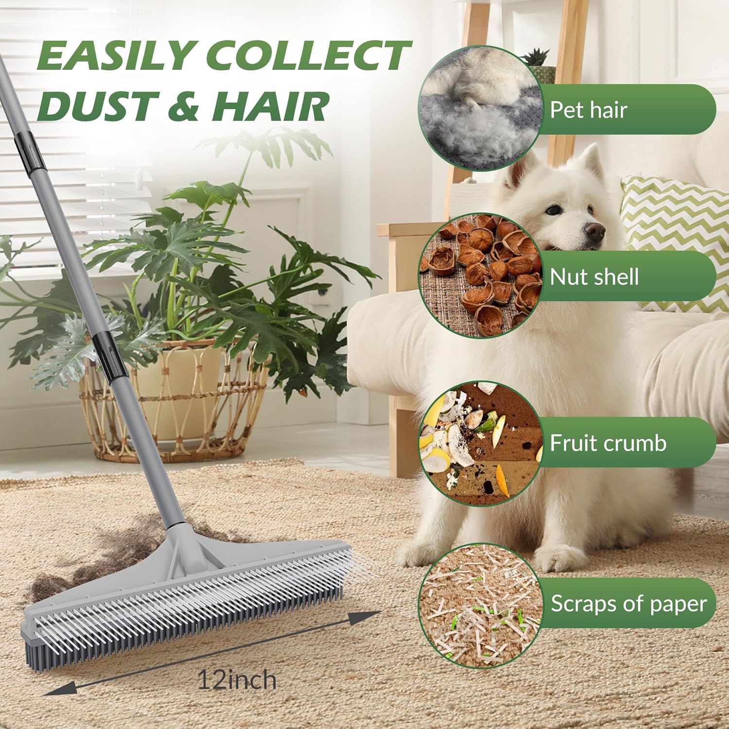 Walensee Carpet Rake for Pet Hair Removal, 61" Carpet Hair Cleaning Tool with Adjustable Long