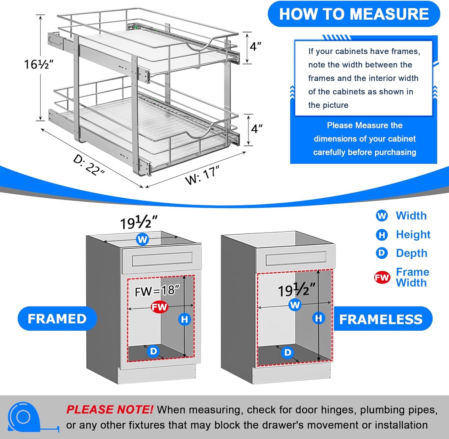 WelFurGeer 2-Tier Stainless Steel Pull Out Cabinet Organizer, Soft Close Damping Slides, Heavy Duty