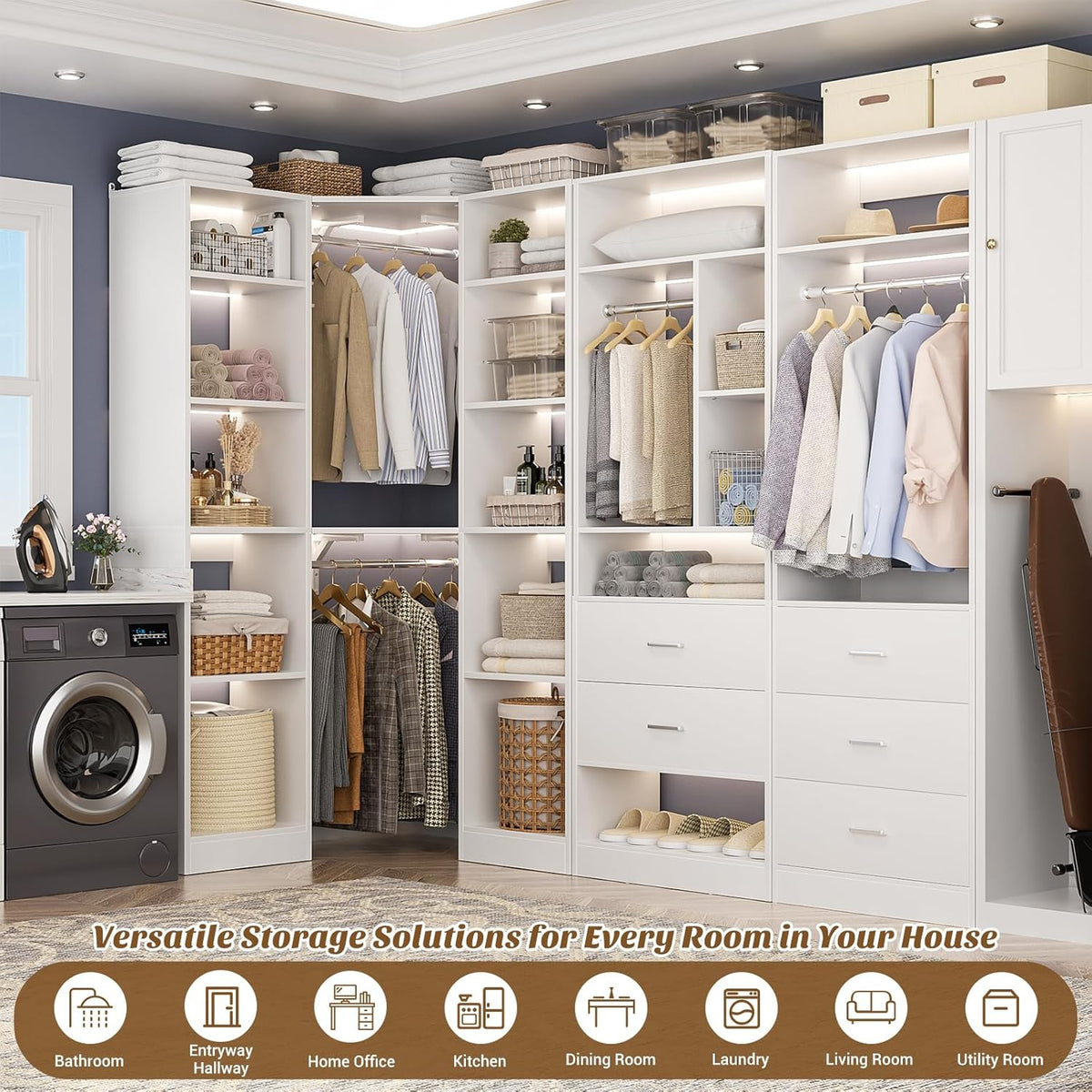 Corner Closet System with 5 Drawers, Closet Organizer System with 15+Shelvess & 4 Hanging Rods