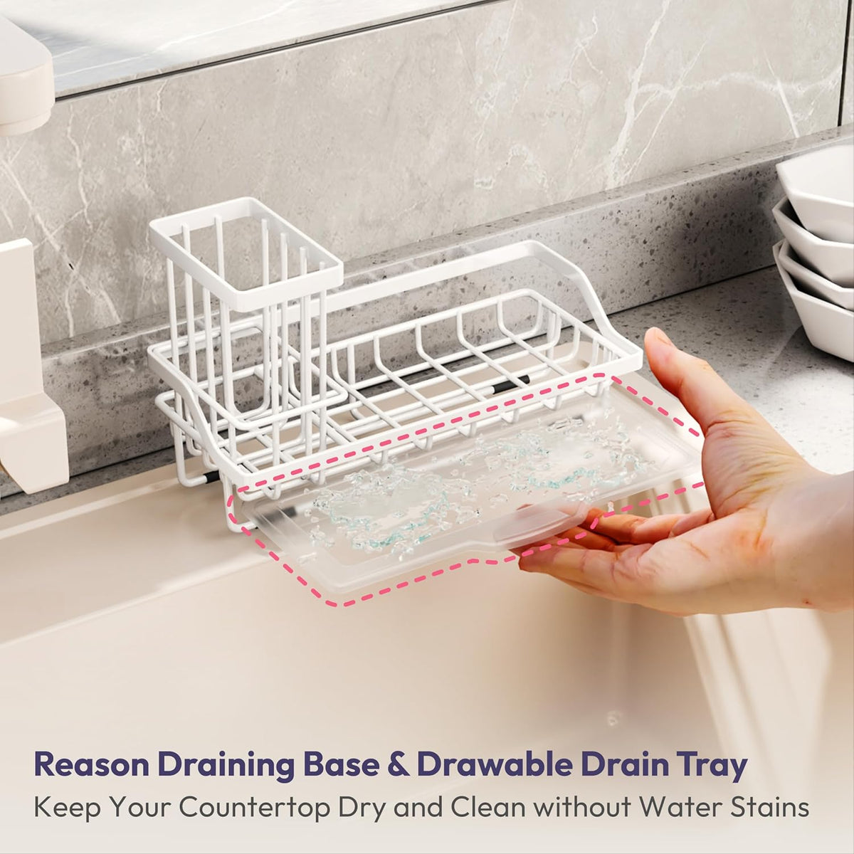 SWTYMIKI Sink Caddy Sponge Holder - Kitchen Sink Organizer with High Brush Holder for Countertop to