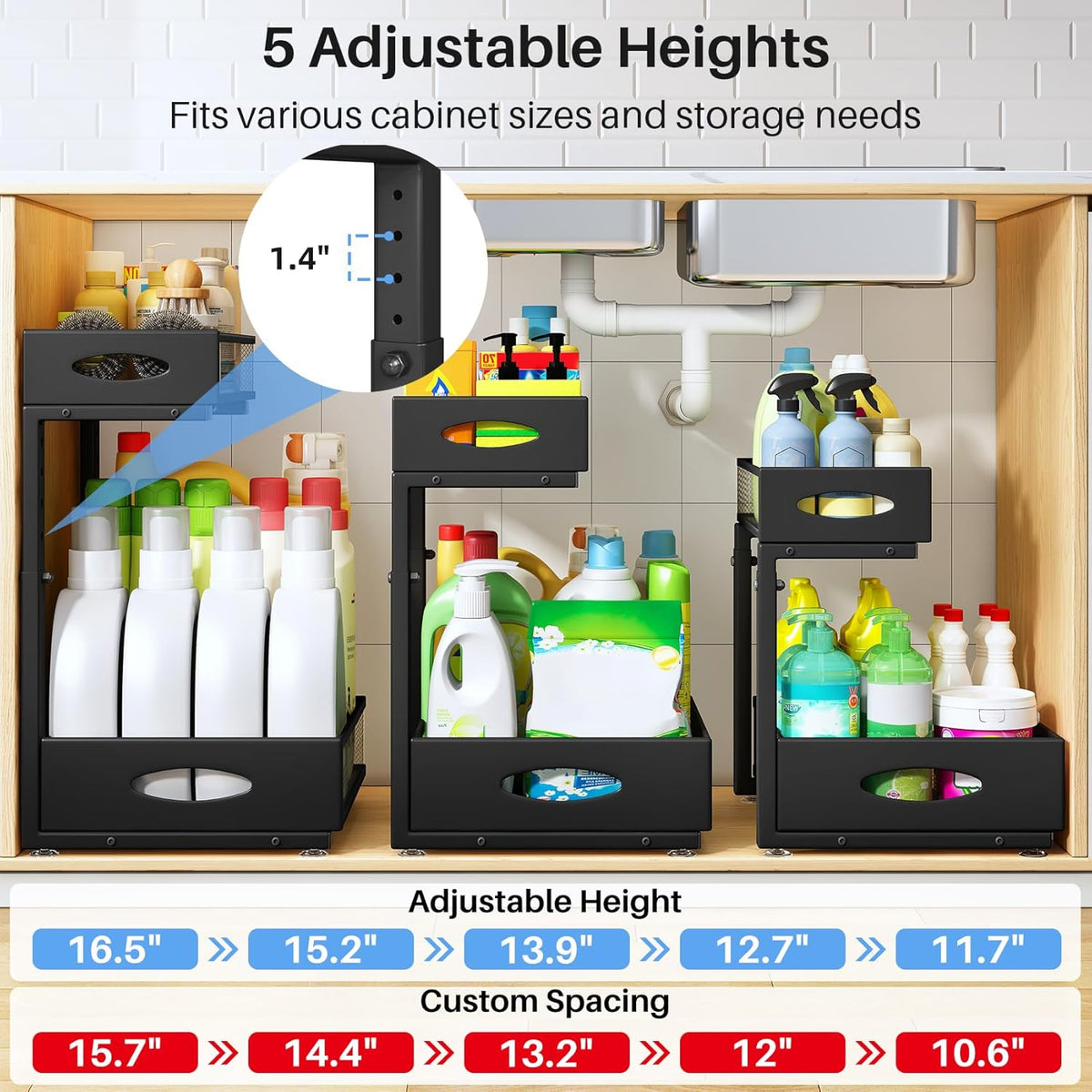 Under Sink Organizer, 2 Pack 2 Tier Pull Out Under Cabinet Organizer Shelf with Pad for Framed