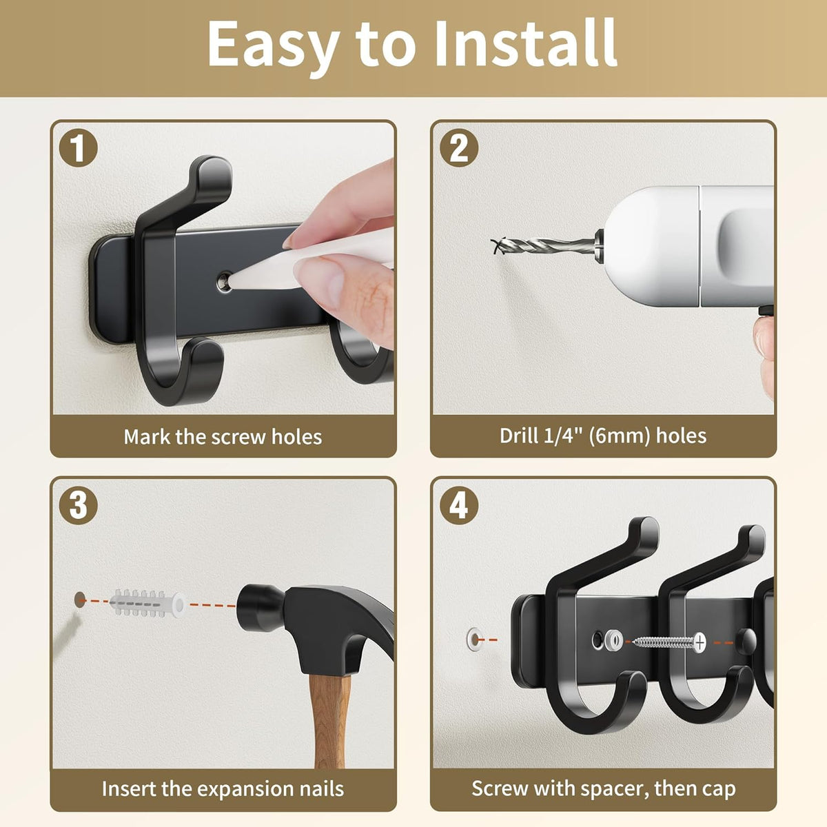 Coat Rack Wall Mounted Heavy-Duty: Metal Coat Hanger 6 Hooks for Hanging Hat, Clothes, Robe, Keys