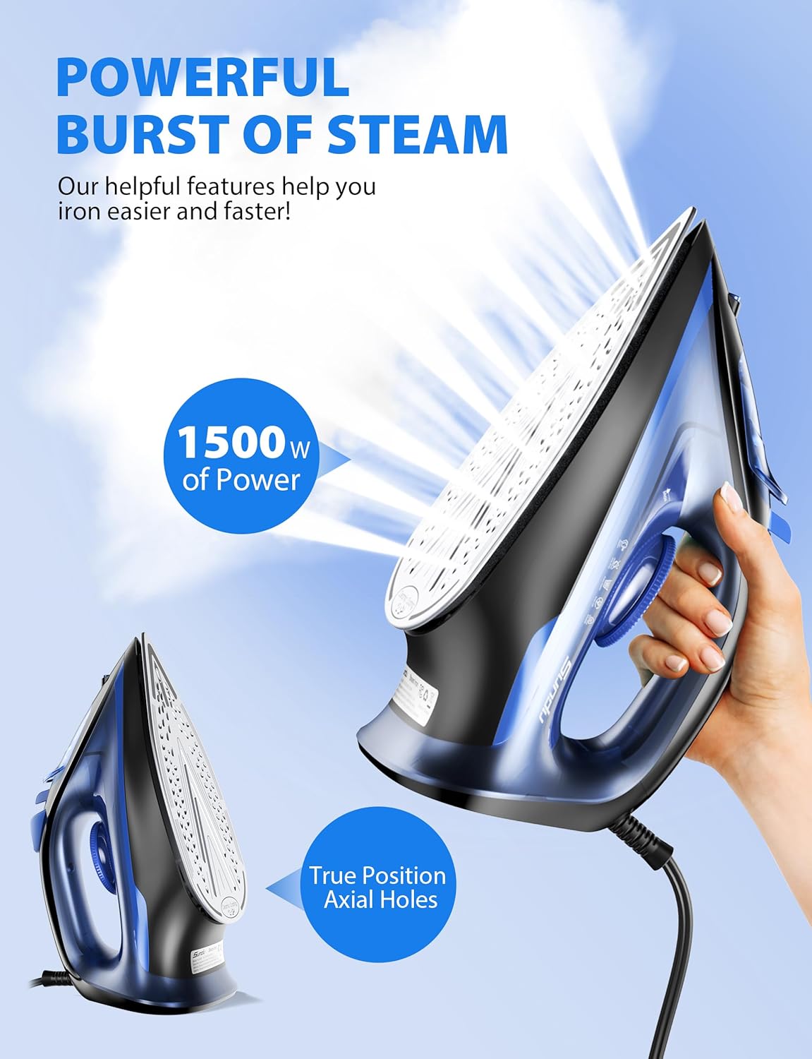 Sundu Steam Iron for Clothes with Rapid Heating Ceramic Coated Soleplate,1500W with Precise