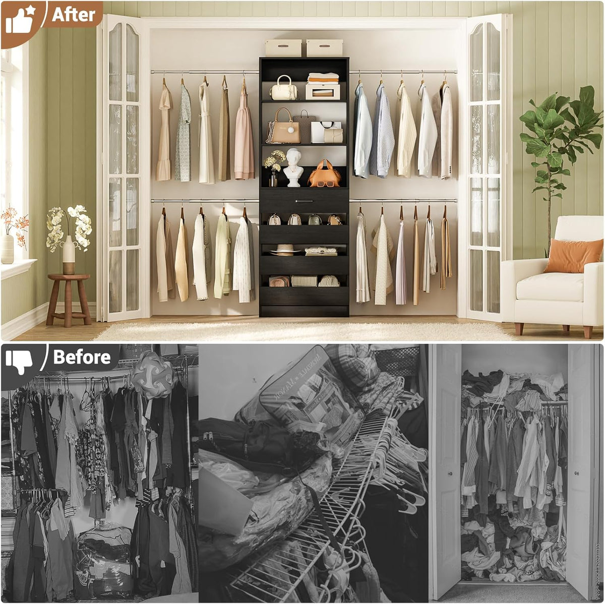 Aheaplus Closet System, 4-9Ft Closet Organizer with 4 Wooden Drawers, Wood Closet Organizer System
