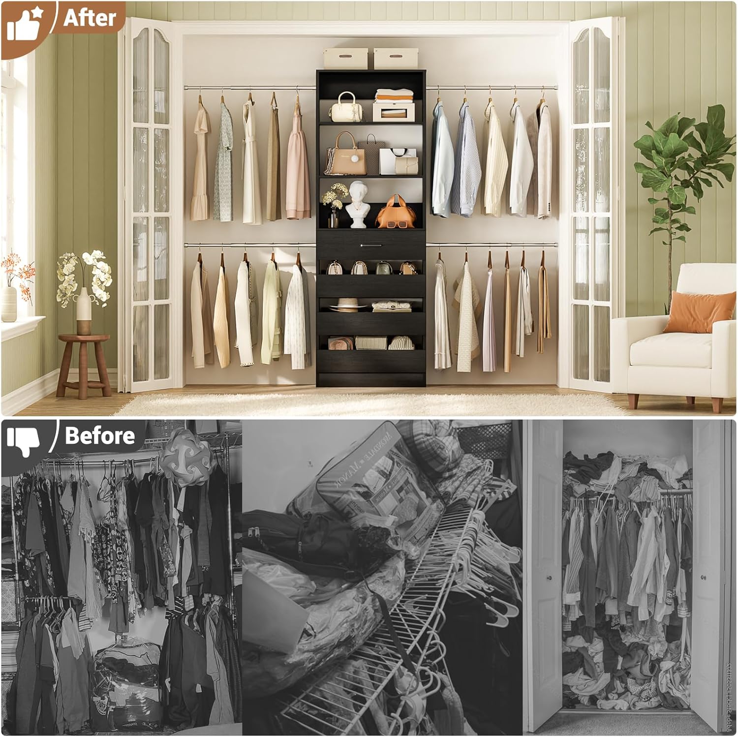 Aheaplus Closet System, 4-9Ft Closet Organizer with 4 Wooden Drawers, Wood Closet Organizer System
