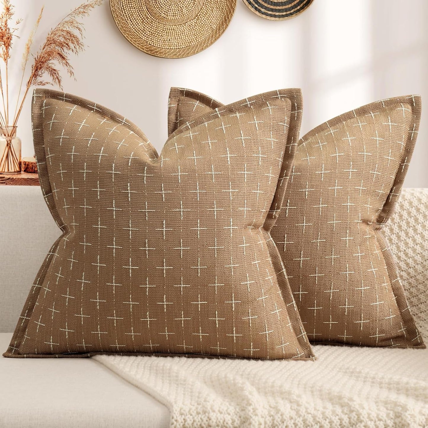ZWJD Throw Pillow Covers 16x16 Set of 2 Soft Polyester Textured Pillow Covers with Stylish Flange