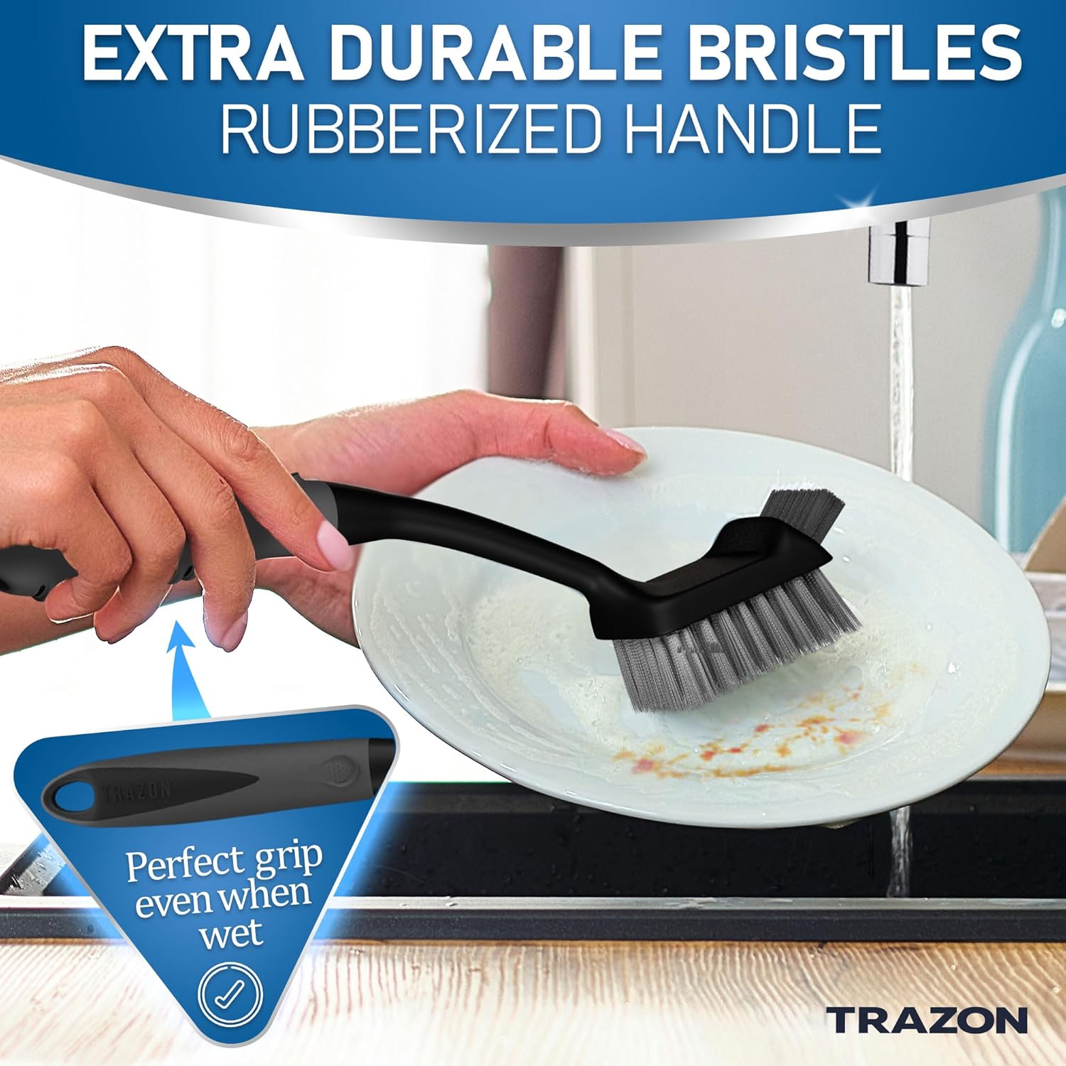 Dish Brush Set of 5 with Holder - Kitchen Scrub Brushes with Non-Slip Long Handle for Cleaning