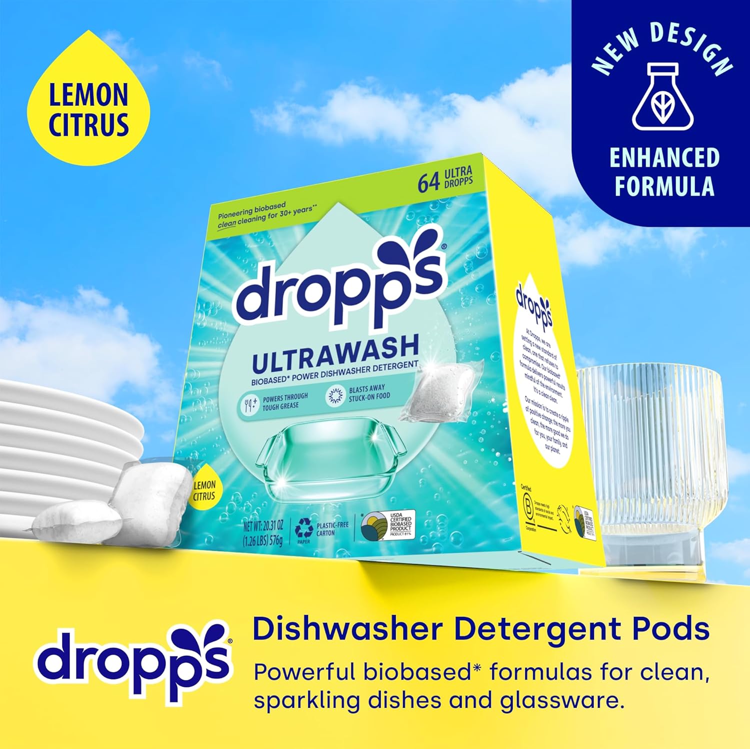 Dropps UltraWash Dishwasher Pods, Lemon Citrus (64 Count) - Biobased Power Deep Clean Dishwasher