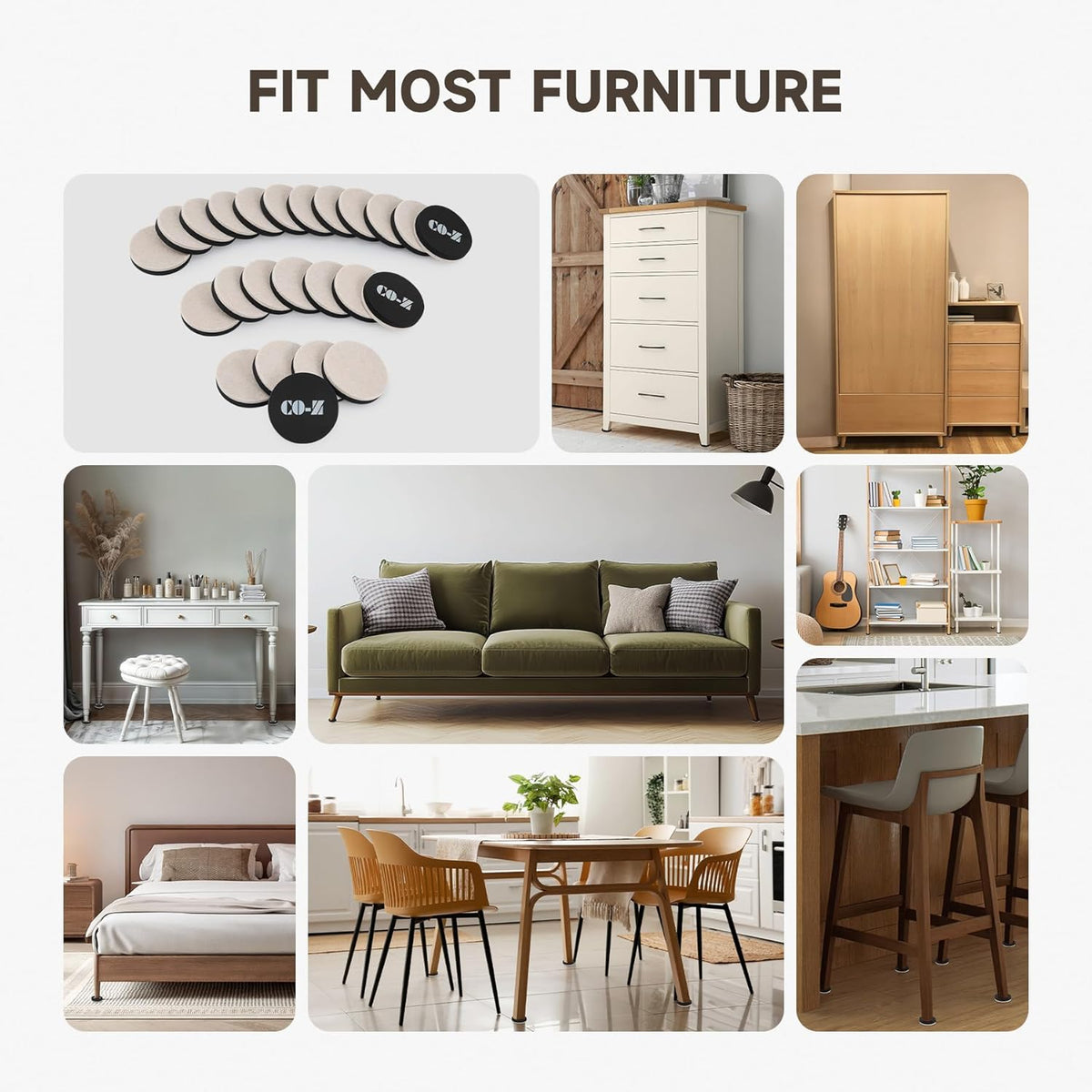 CO-Z 24pcs Felt Furniture Sliders for Hardwood Floors, 2 1/2 in Reusable Furniture Pads, Heavy