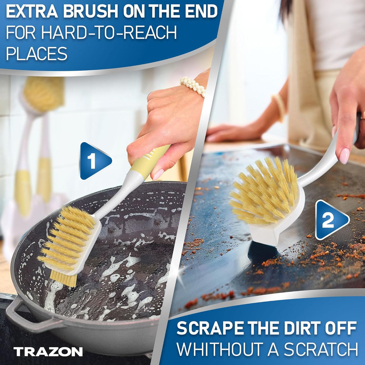 Dish Brush Set of 5 with Holder - Kitchen Scrub Brushes with Non-Slip Long Handle for Cleaning