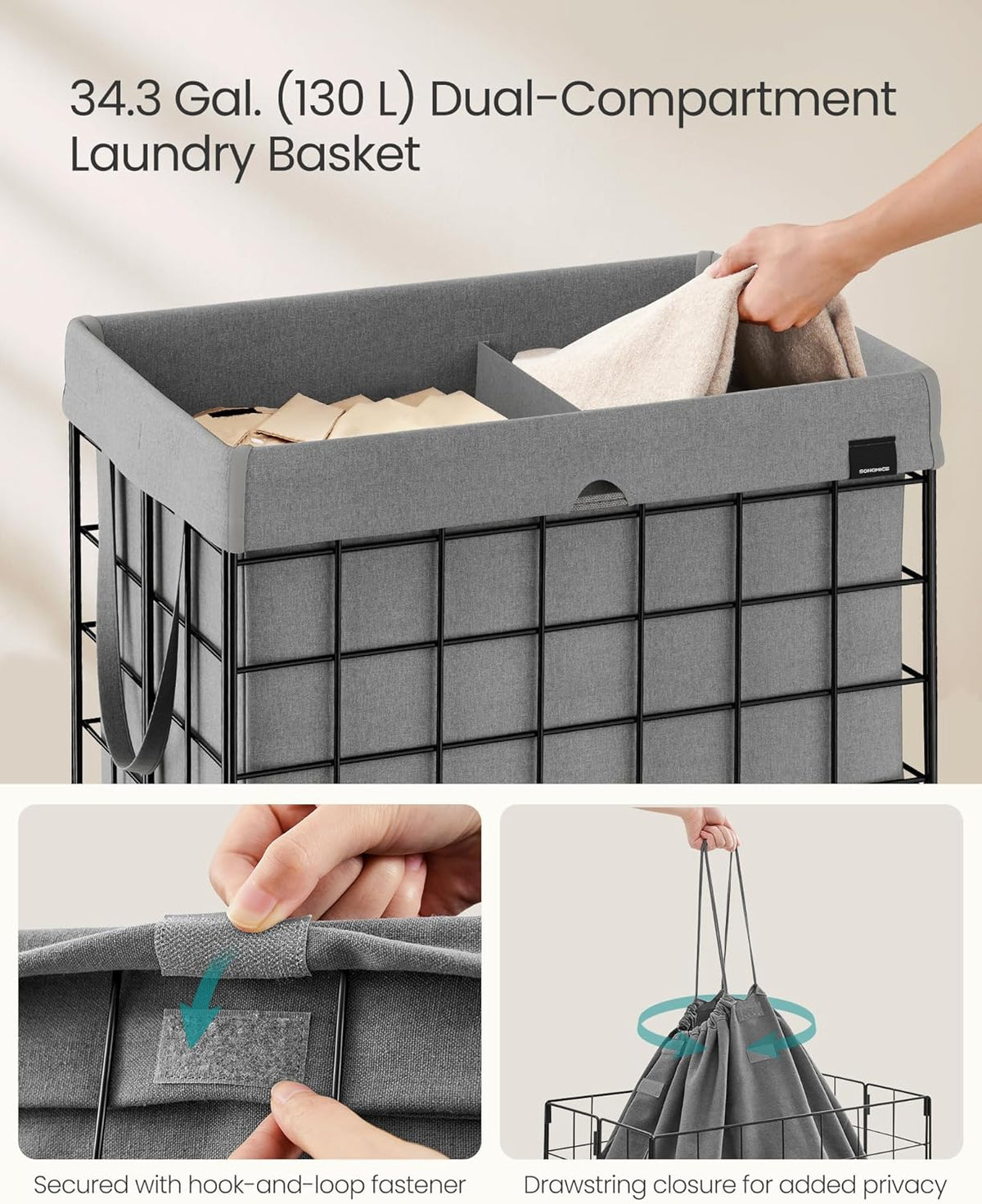 SONGMICS Laundry Hamper, 34.3 Gal. (130L) Laundry Basket, Collapsible Clothes Hamper, Removable and