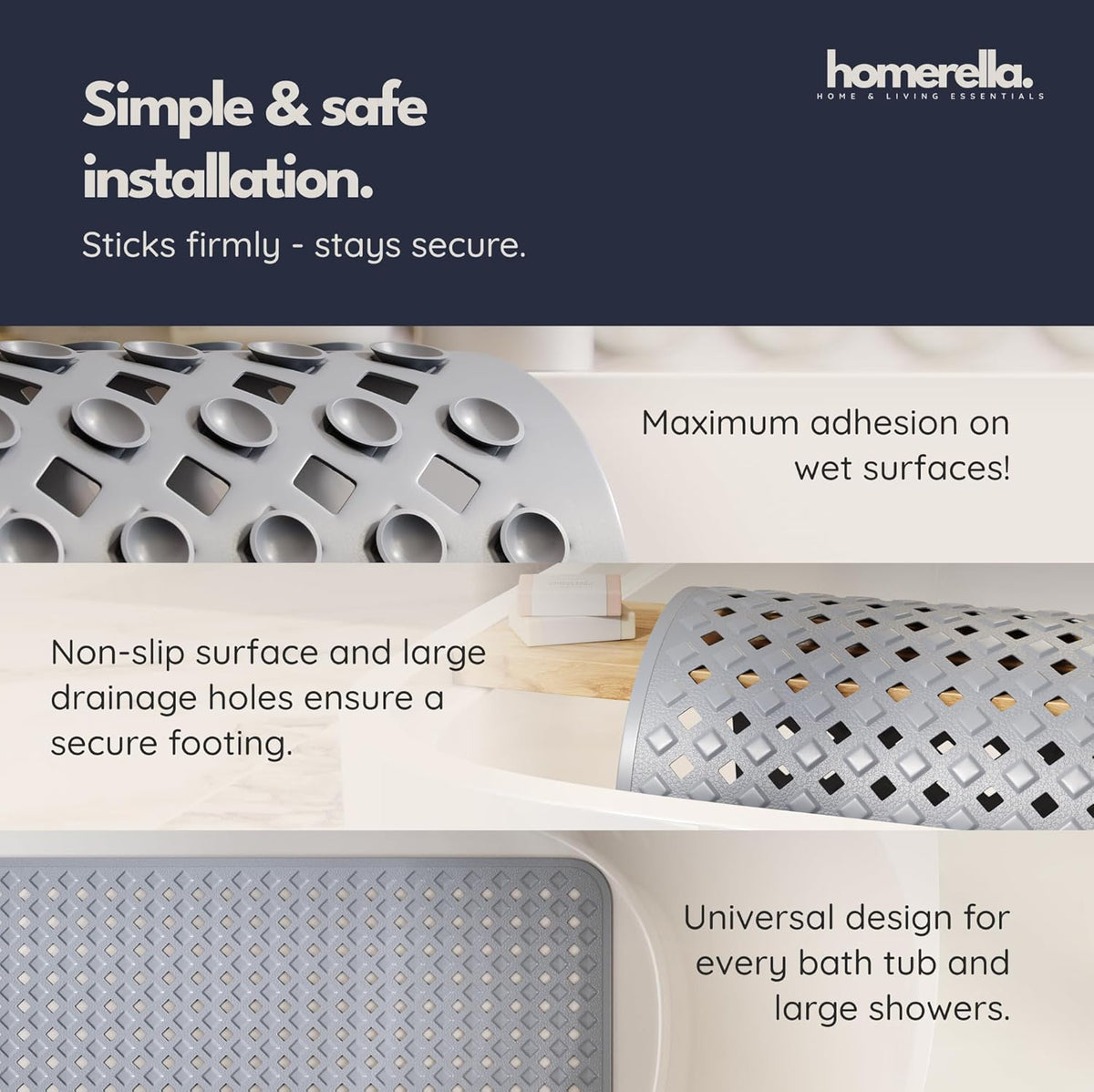 homerella® Bathtub Mat Non Slip 35x16, Incl. Hooks for Drying, Extra Long, 100% BPA Free, Shower