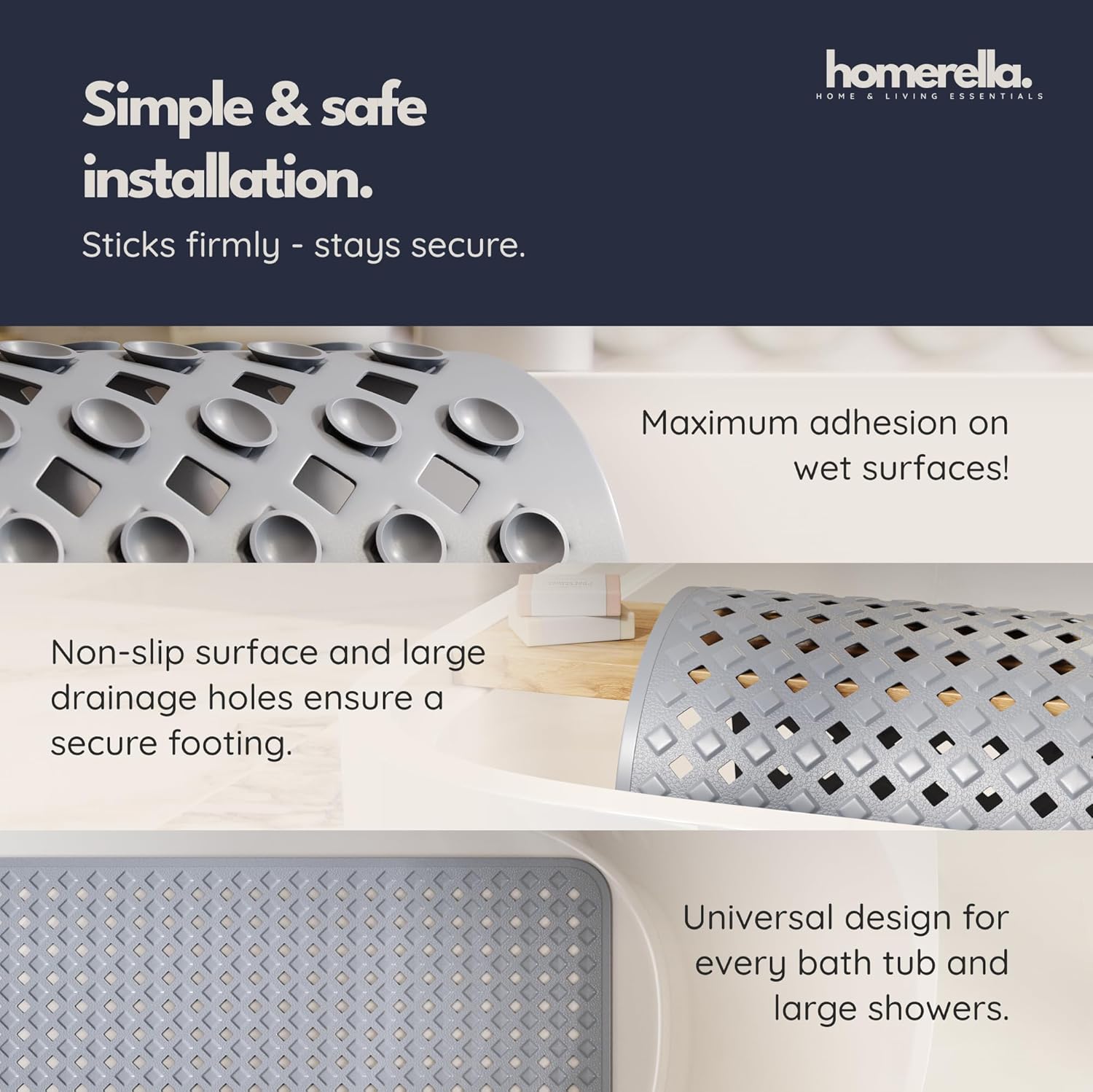 homerella® Bathtub Mat Non Slip 35x16, Incl. Hooks for Drying, Extra Long, 100% BPA Free, Shower