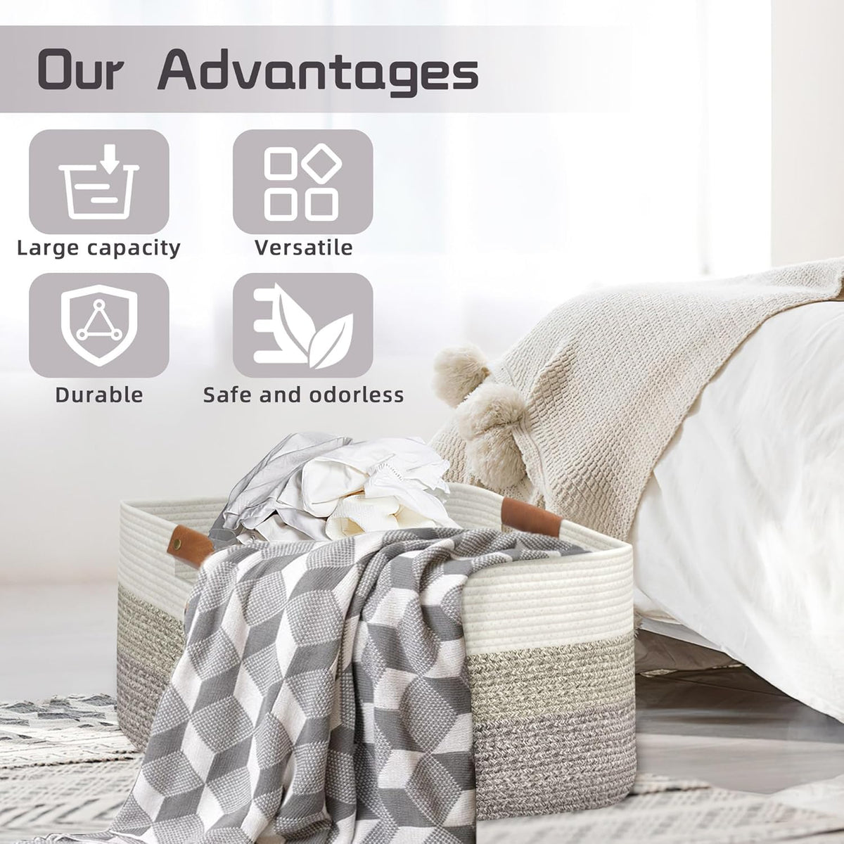 Large Collapsible Laundry Basket, Clothes Hamper for Blanket, Toy, Towels, Woven Baskets for
