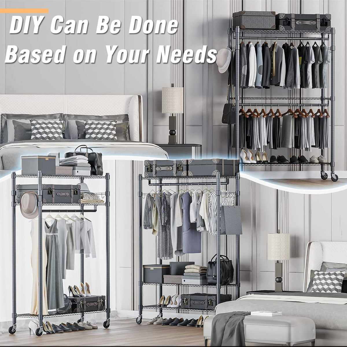 Homdox Rolling Clothes Rack Heavy Duty, 3-Tier Adjustable Wire Shelving Garment Organizer with