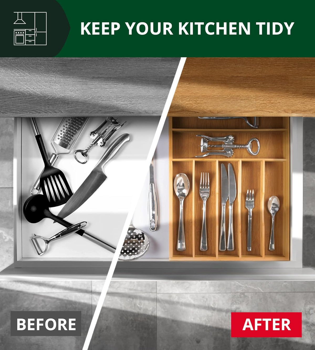 ROYAL CRAFT WOOD Luxury Bamboo Utensil Rack and Silverware Organizer, Kitchen Drawer Organizer
