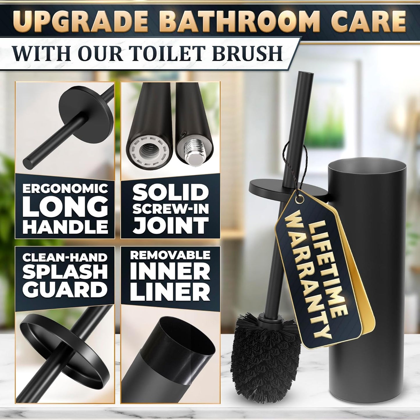 Black Toilet Brush and Holder Set - Scratch Resistant Black Toilet Bowl Brush and Holder with Soft