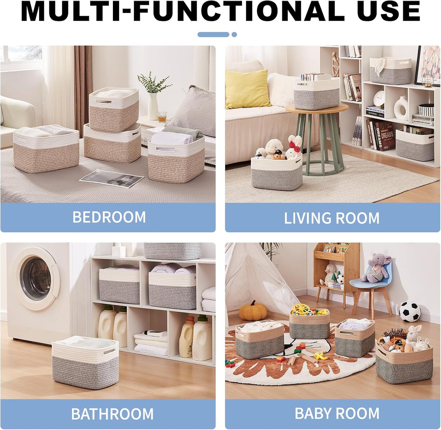OIAHOMY 4 Pack Storage Baskets for Organizing, Basket for Shelves with Handle, Woven Baskets for