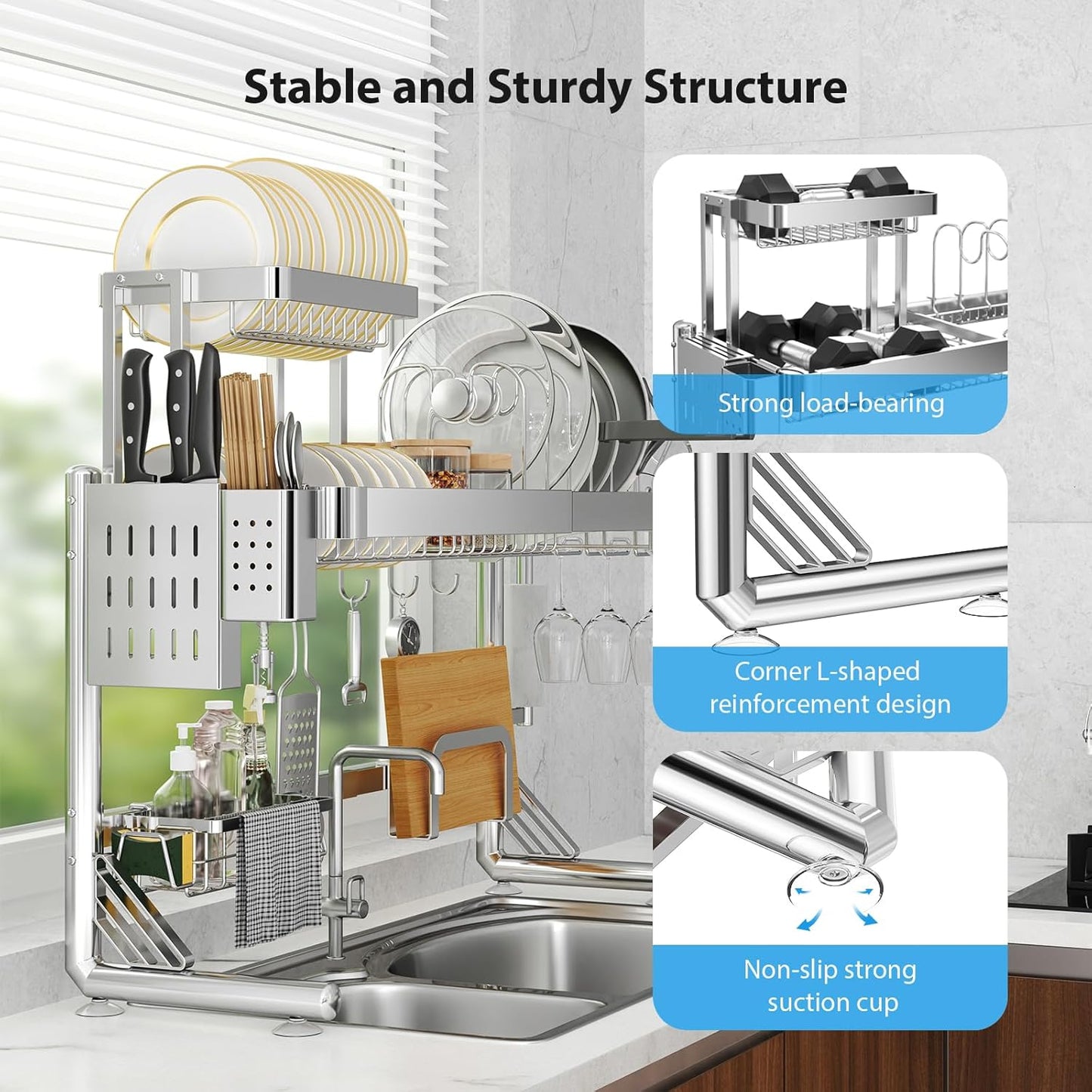 Over Sink Dish Drying Rack, Upgrade 2.5-Tier 304 Stainless Steel Dish Rack Adjustable Length with