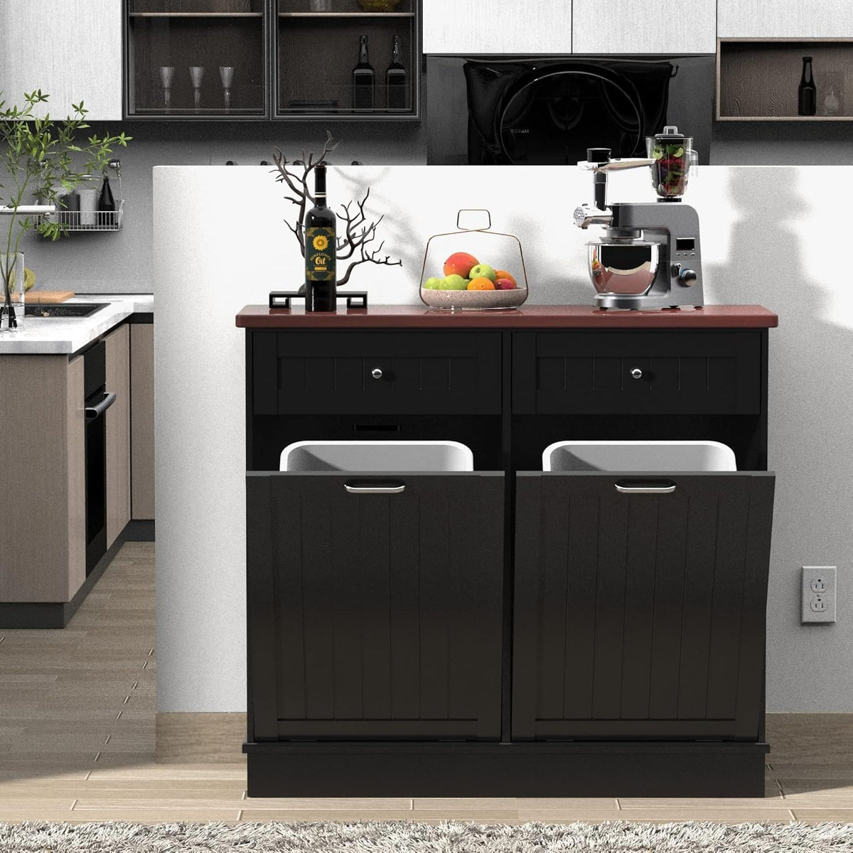 Betterhood Tilt Out Trash Cabinet 10 Gallon Wooden Free Standing Laundry Sorter Cabine,Recycling
