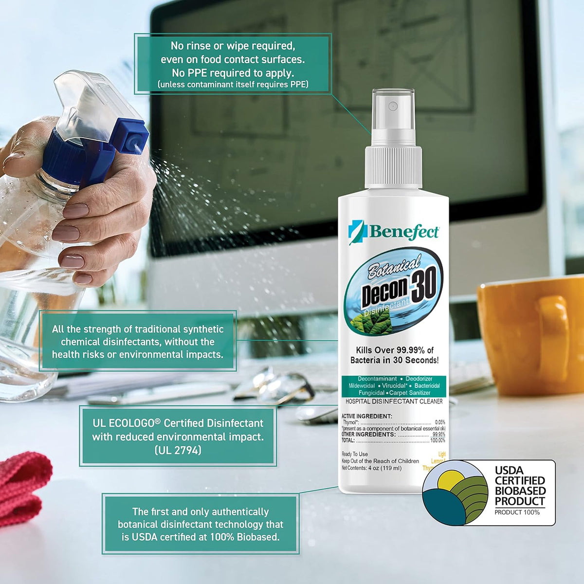 Benefect Botanical Decon 30 Disinfectant Cleaner, 4 oz. Spray Bottle, Light Lemon & Thyme Scent