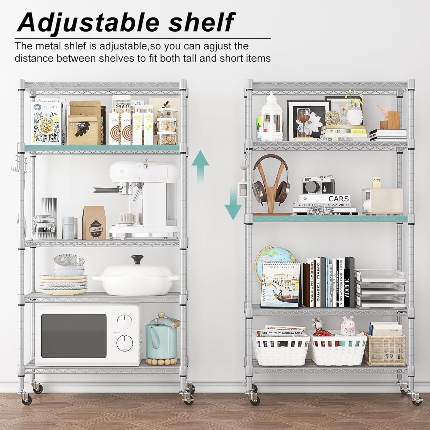 Himimi 5-Tier Storage Shelf Wire Shelving Unit on Wheels, Adjustable Heavy Duty Metal Shelves with