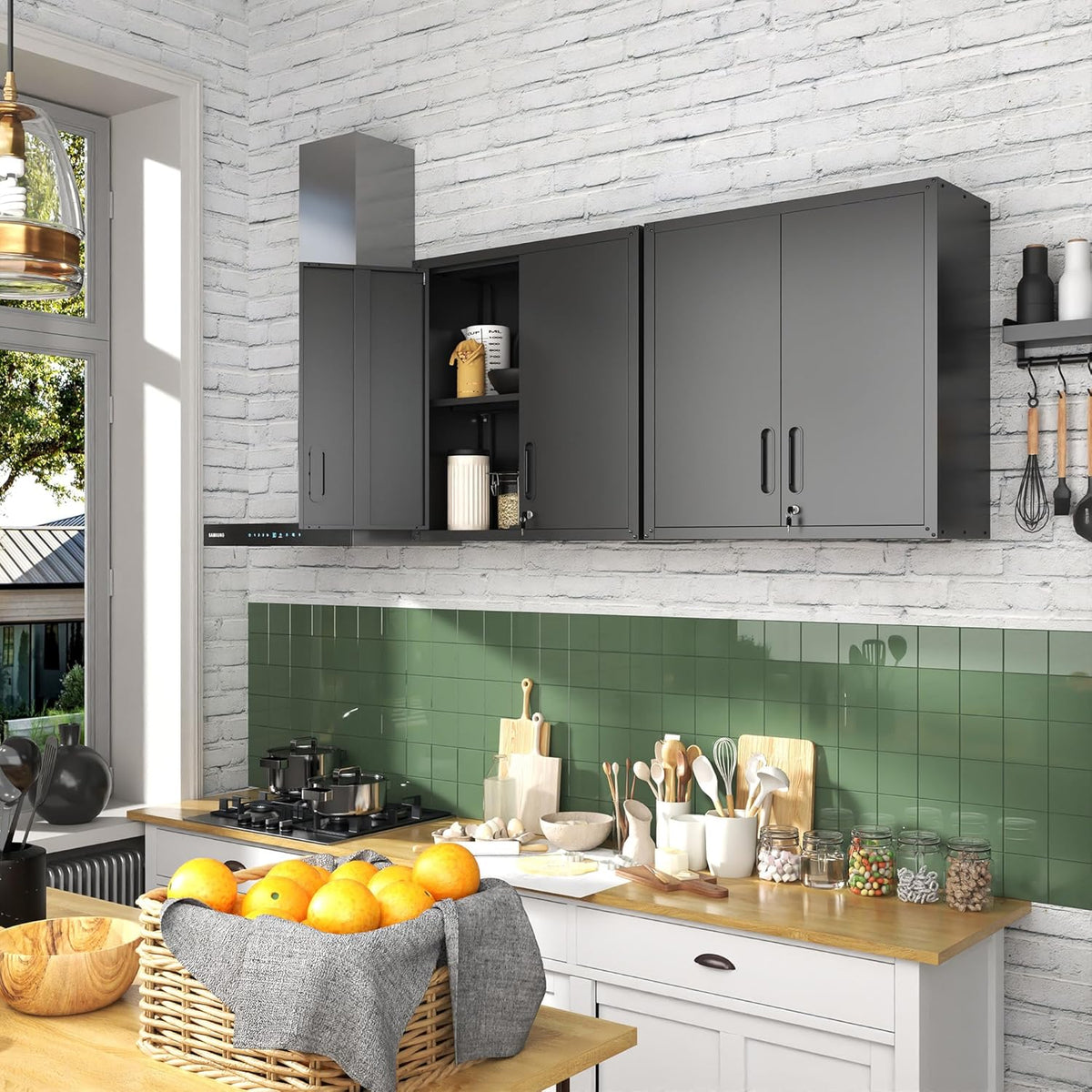 Garage Wall Cabinet with Doors and Shelves, Metal Wall Mounted Storage Cabinet with Lock, Hanging