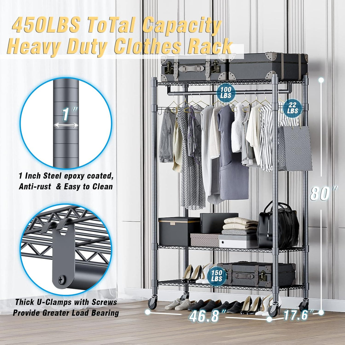 Homdox Rolling Clothes Rack Heavy Duty, 3-Tier Adjustable Wire Shelving Garment Organizer with