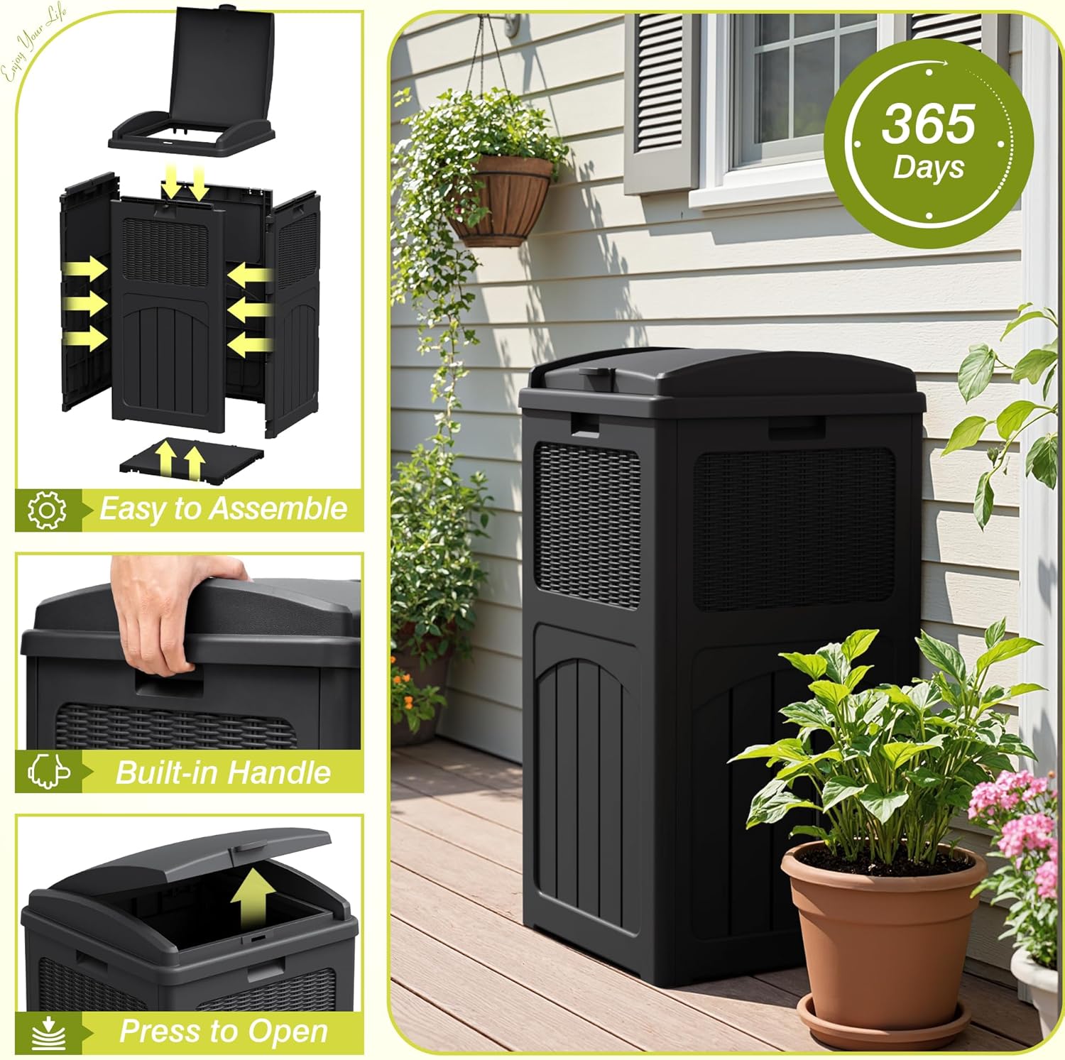 Greesum 33 Gallon Outdoor Trash Can with Lid, Waterproof Resin Garbage Bin for Hideaway, Deck