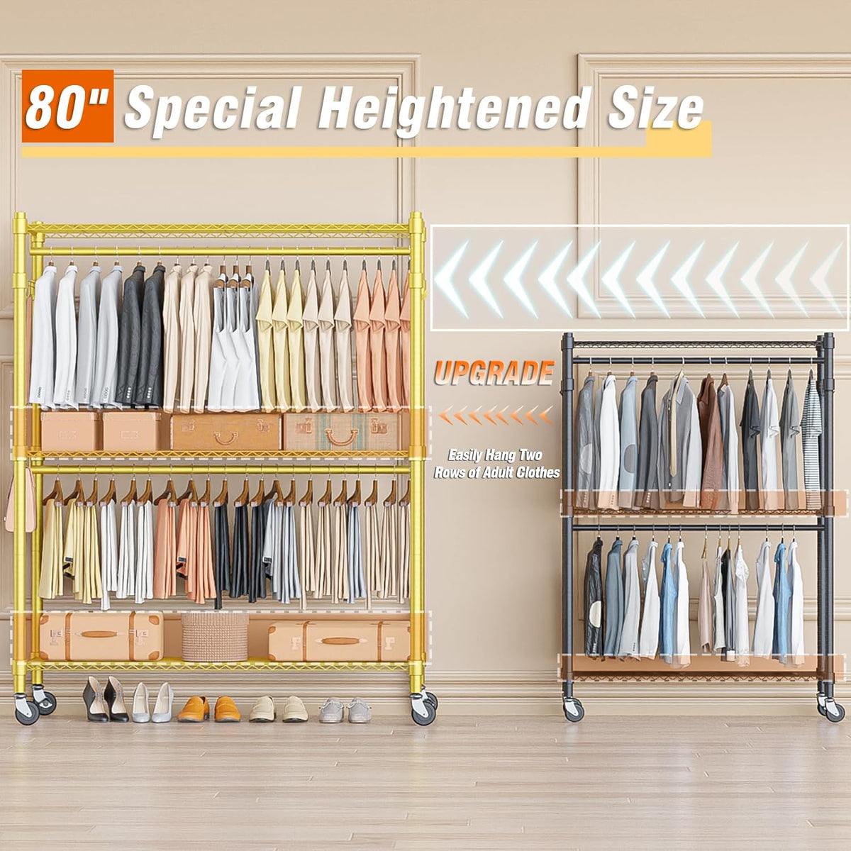Homdox Gold Heavy Duty Clothes Rack with Wheels, 3-Tier Rolling Metal Garment Organizer with Double