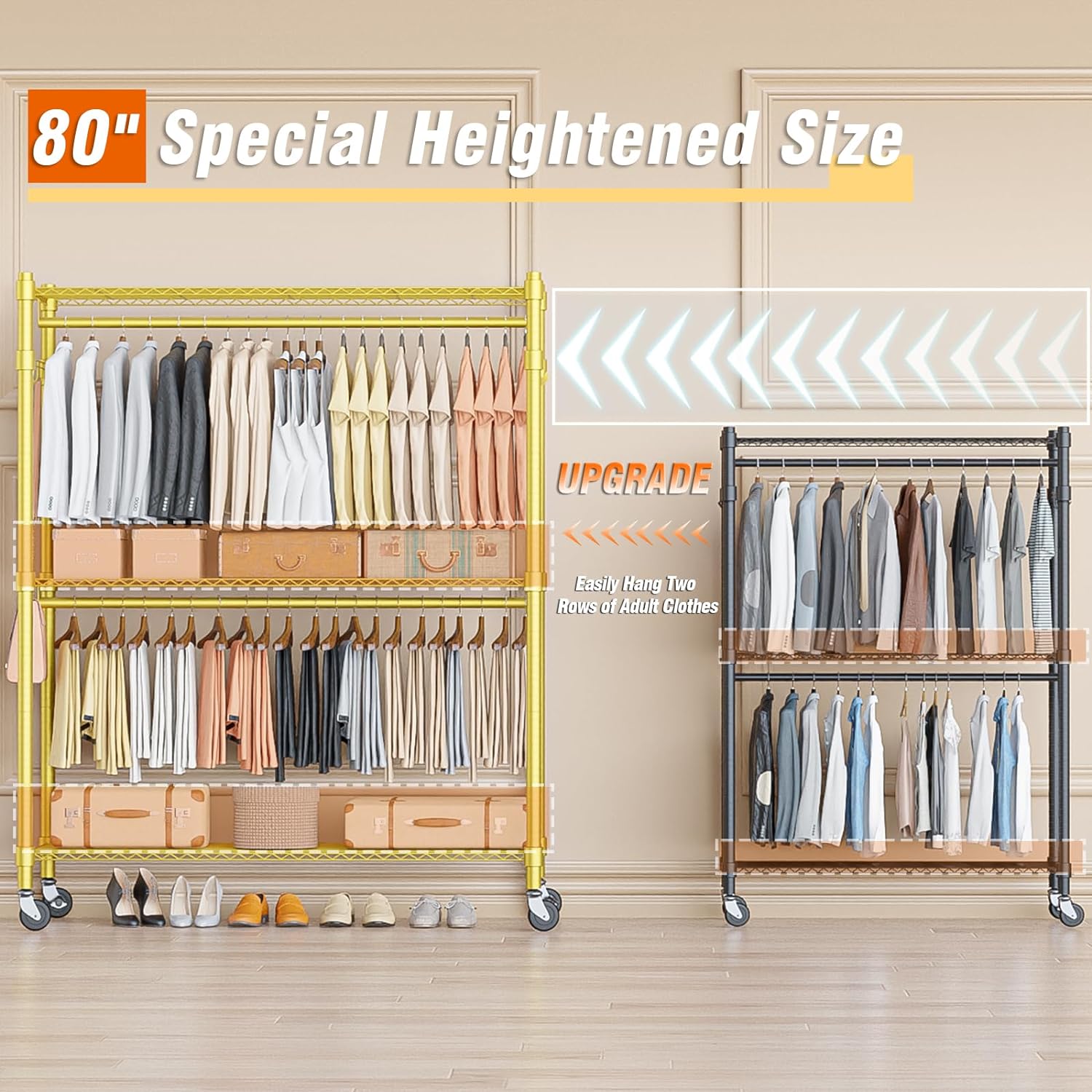 Homdox Gold Heavy Duty Clothes Rack with Wheels, 3-Tier Rolling Metal Garment Organizer with Double