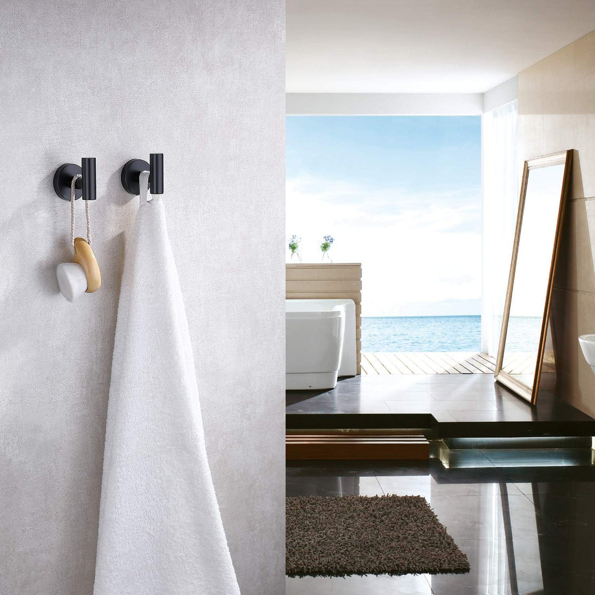 TASTOS Matte Black Bathroom Towel Coat Hook Stainless Steel, 2 Pack Robe Clothes Cabinet Closet