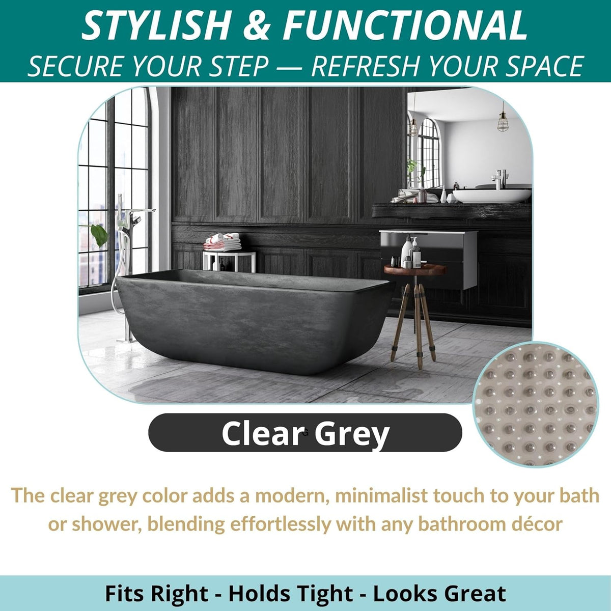 ENKOSI Bathtub Mat – 40 x 16 Inch Extra Long Non Slip Shower Mat – Anti Slip Grey Bath Mat with